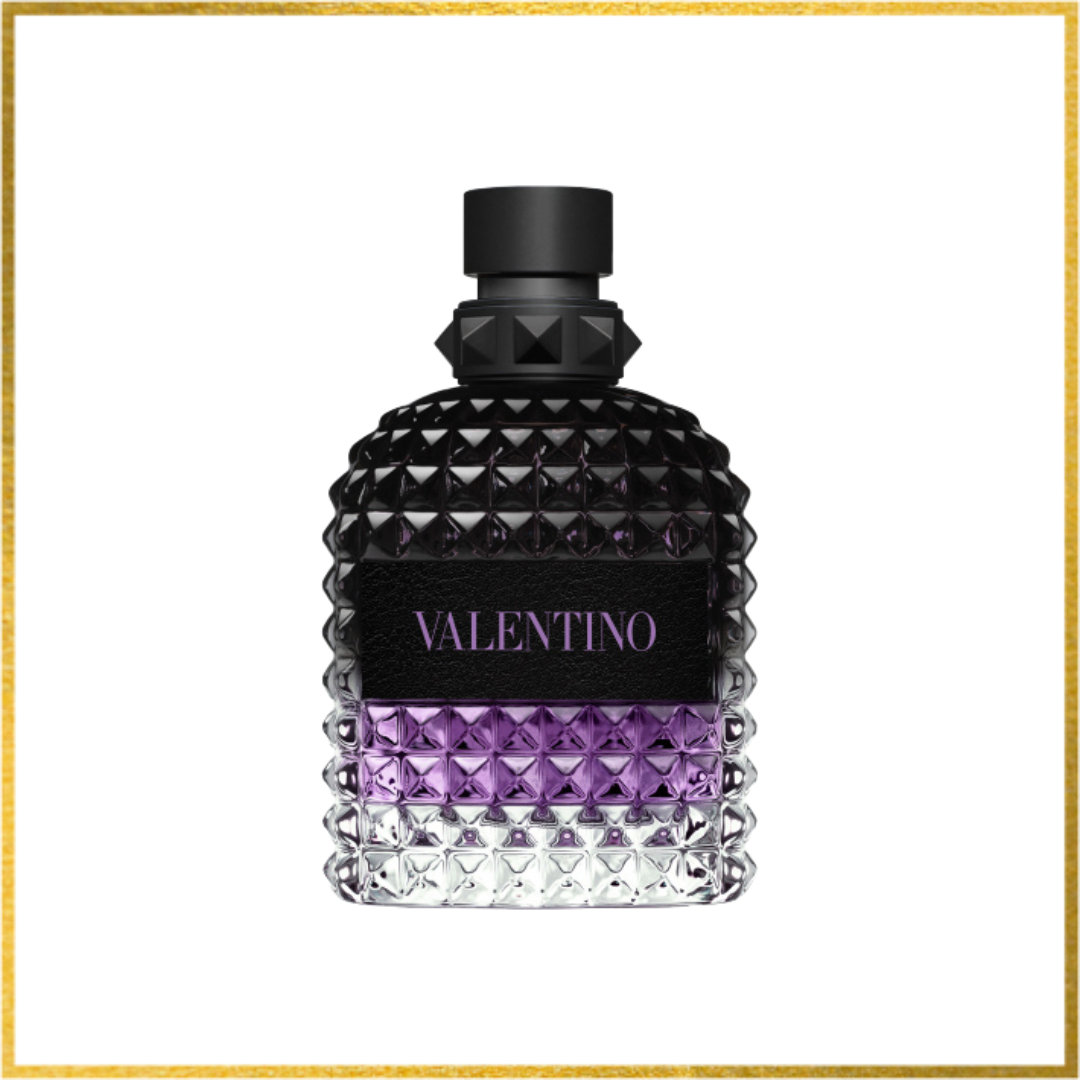 Valentino perfume bottle with black and purple design on a white background. Purple Melancholia