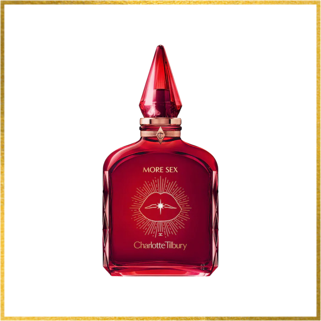 Red perfume bottle with a unique shape on a white background