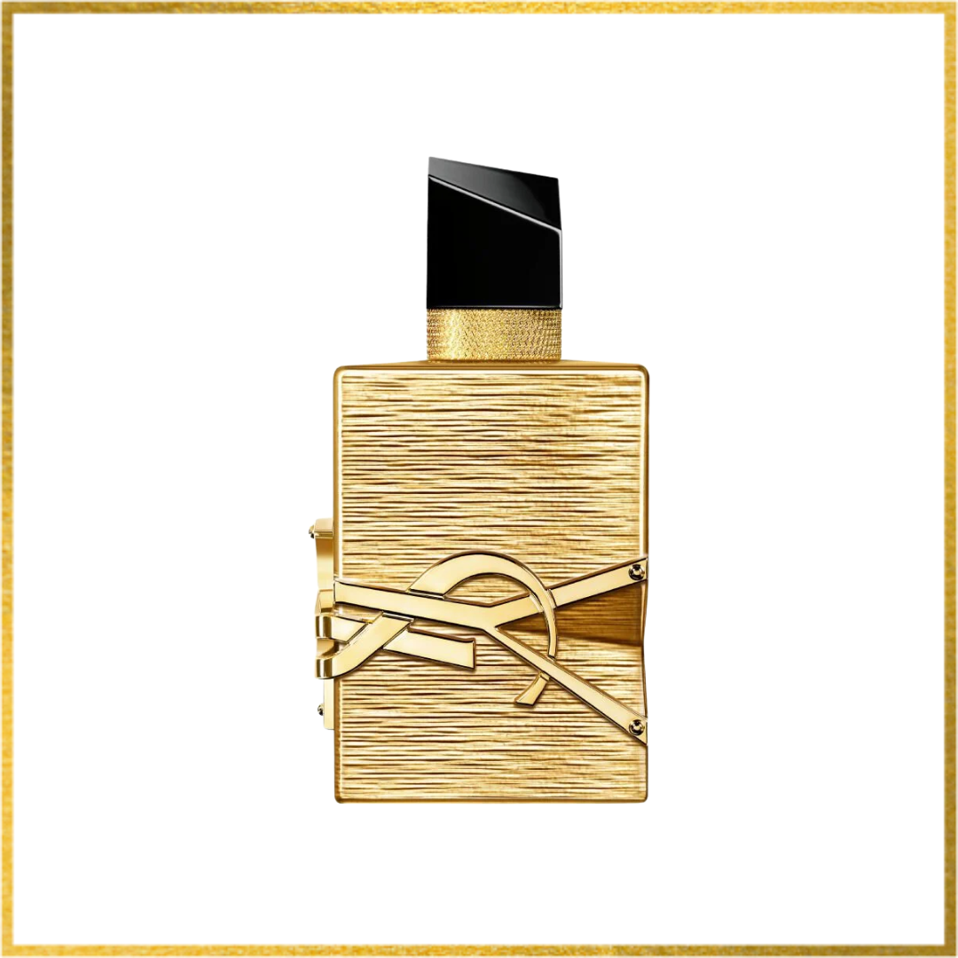 Gold and black YSL perfume bottle on a white background. Ysl libre vanilla couture sample