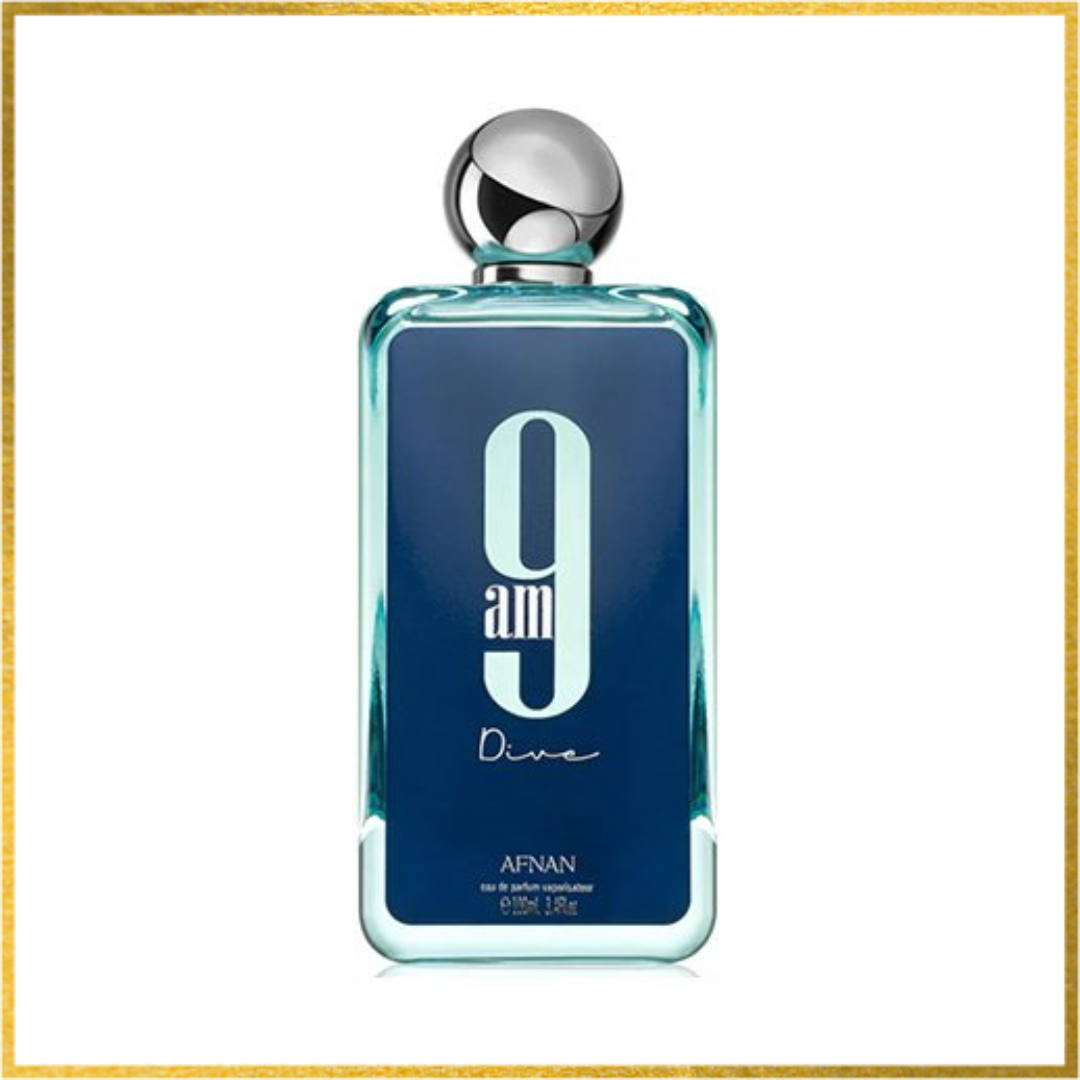 Sample of Afnan 9AM Dive eau de parfum in a blue rectangular bottle with a chrome cap, displayed against a white background