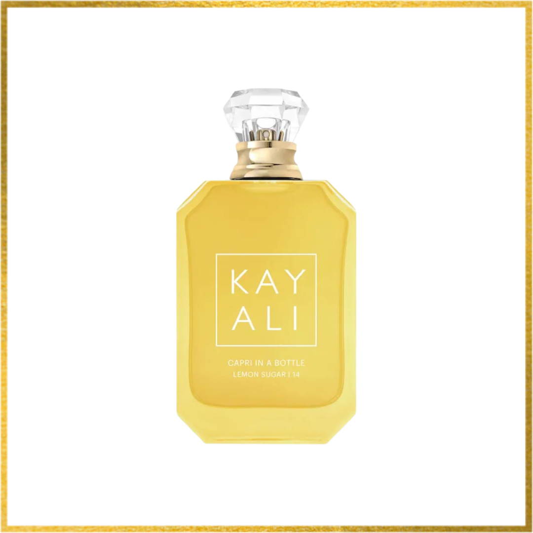 Yellow perfume bottle with 'KAYALI' branding on a white background. Kayali Capri in a Bottle Lemon Sugar perfume sample