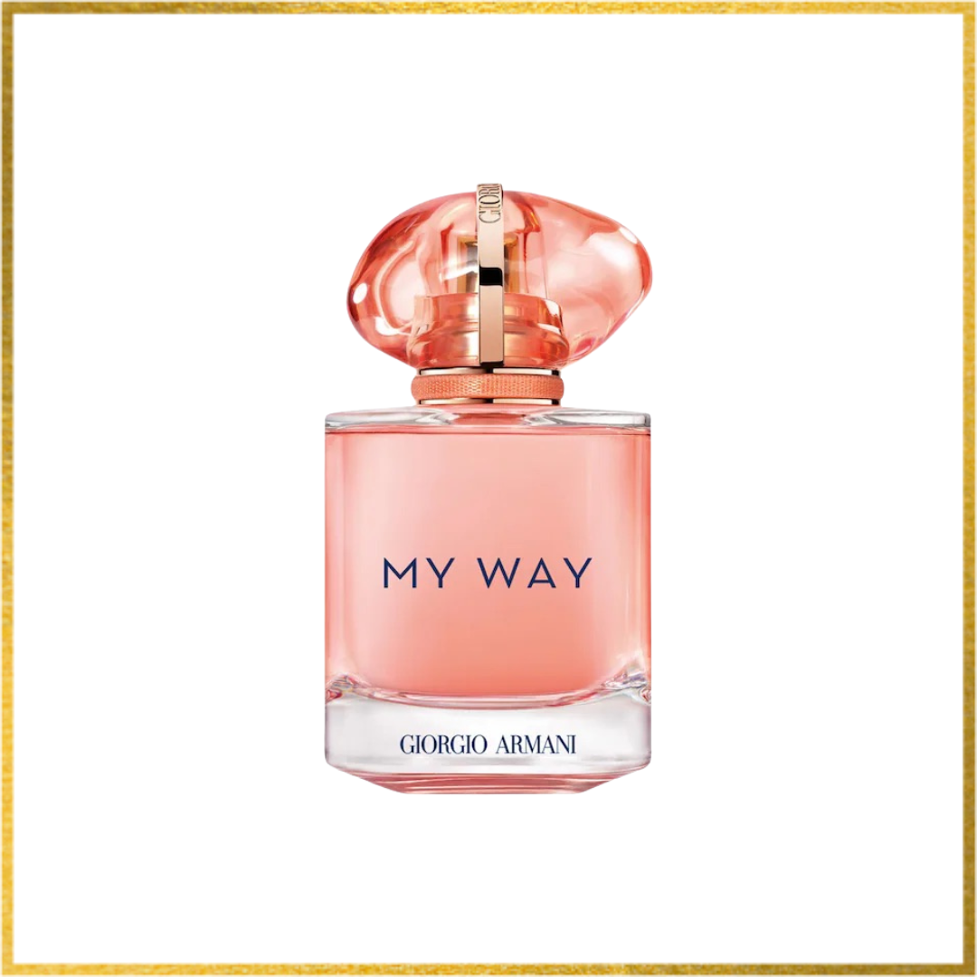 Perfume bottle labeled 'My Way Ylang' by Giorgio Armani on a white background