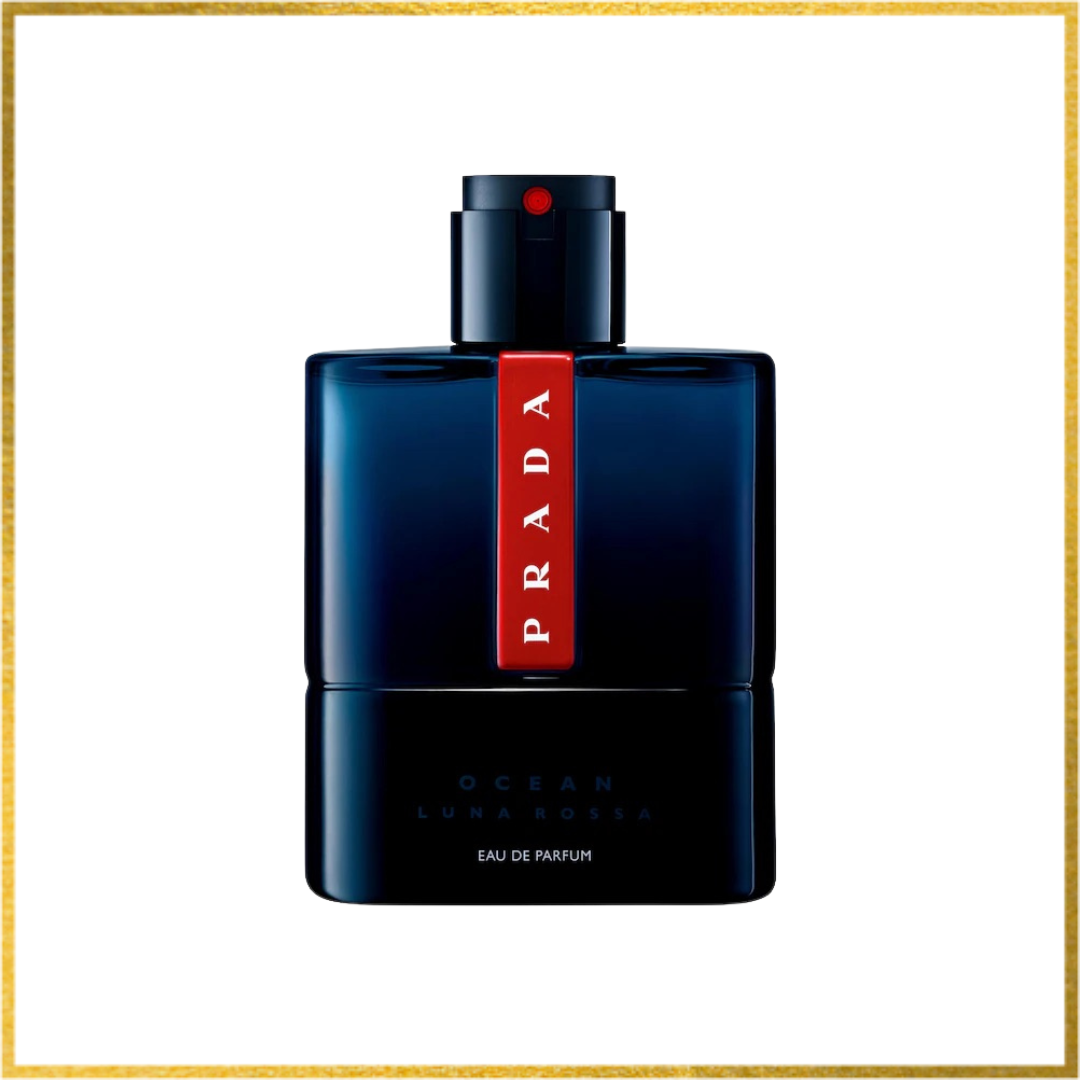Prada perfume bottle with red label on a white background. Prada Luna Rossa Ocean EDP cologne sample