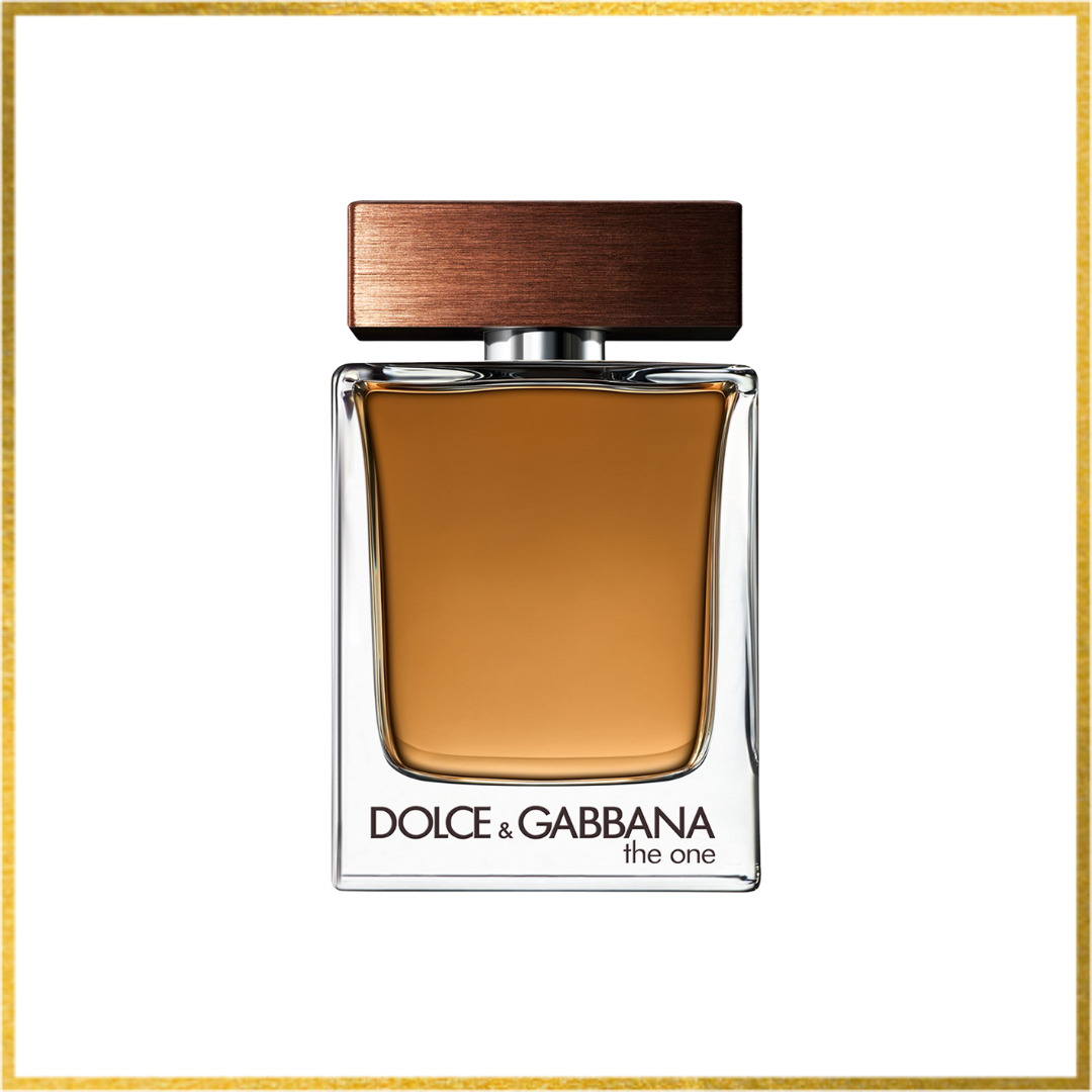 Dolce & Gabbana perfume bottle with brown liquid on a white background. Dolce&Gabbana The One EDT cologne sample