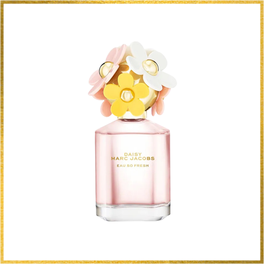 Pink perfume bottle with floral design on a white background
