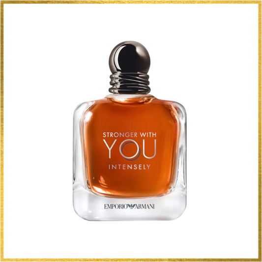 A bottle of Emporio Armani Stronger With You Intensely perfume with a clear liquid visible inside.