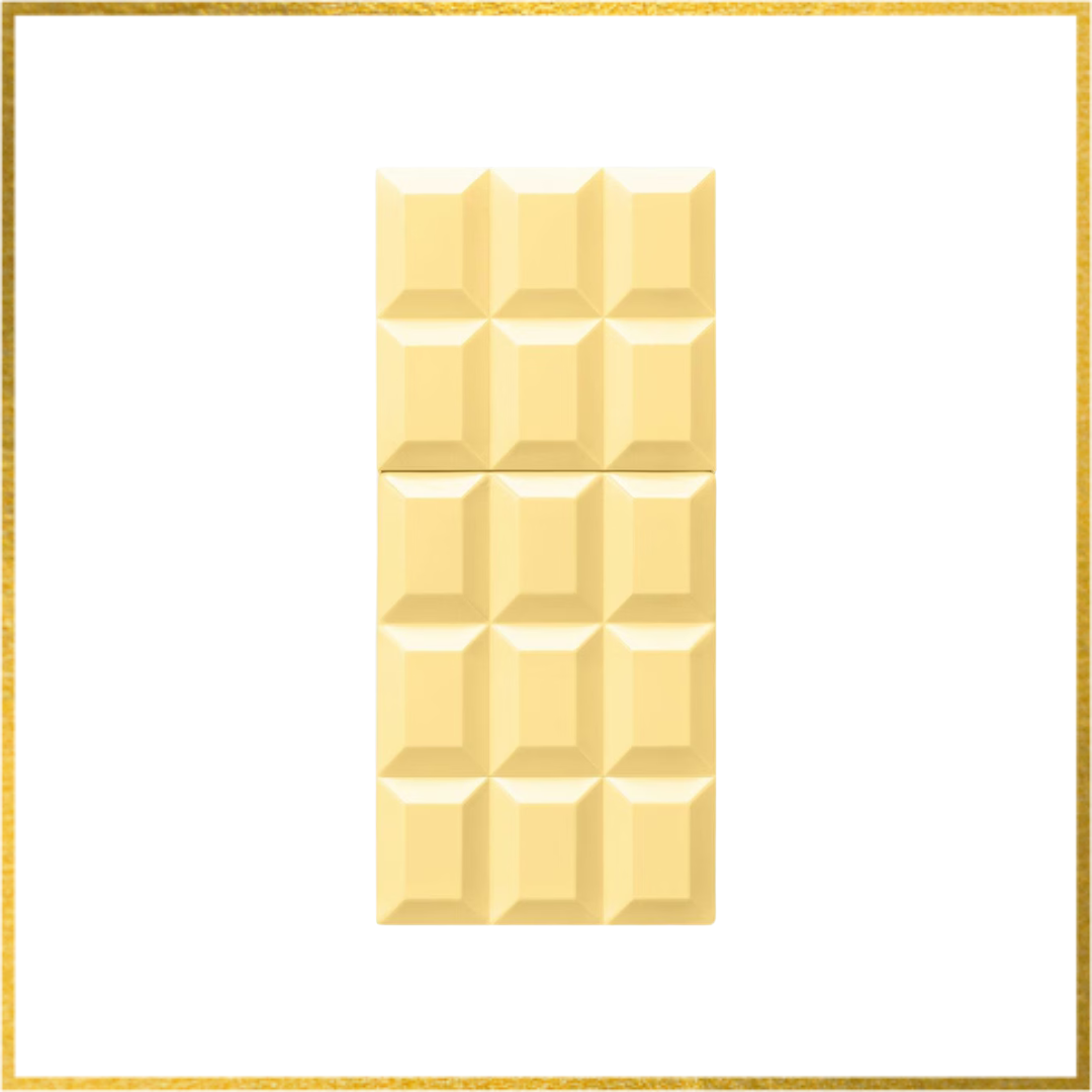 Gold chocolate bar perfume with a gold border on a white background. Sabrina carpenter sweet tooth lemon pie perfume sample