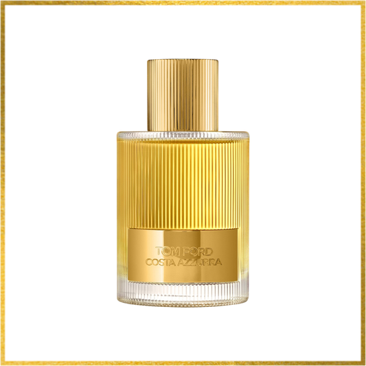 Gold perfume bottle with 'Tom Ford Costa Azzurra' text on a white background