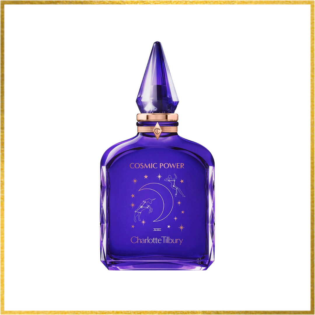 Purple perfume bottle with 'Cosmic Power' and 'Charlotte Tilbury' text on a white background