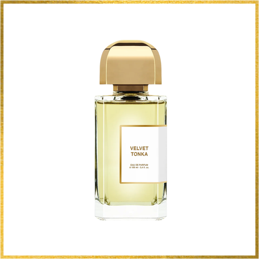 Perfume bottle labeled 'Velvet Tonka' with a gold cap on a white background