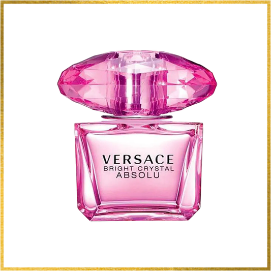 Pink Versace perfume bottle with a geometric design on a white background. Versace bright crystal absolu perfume sample