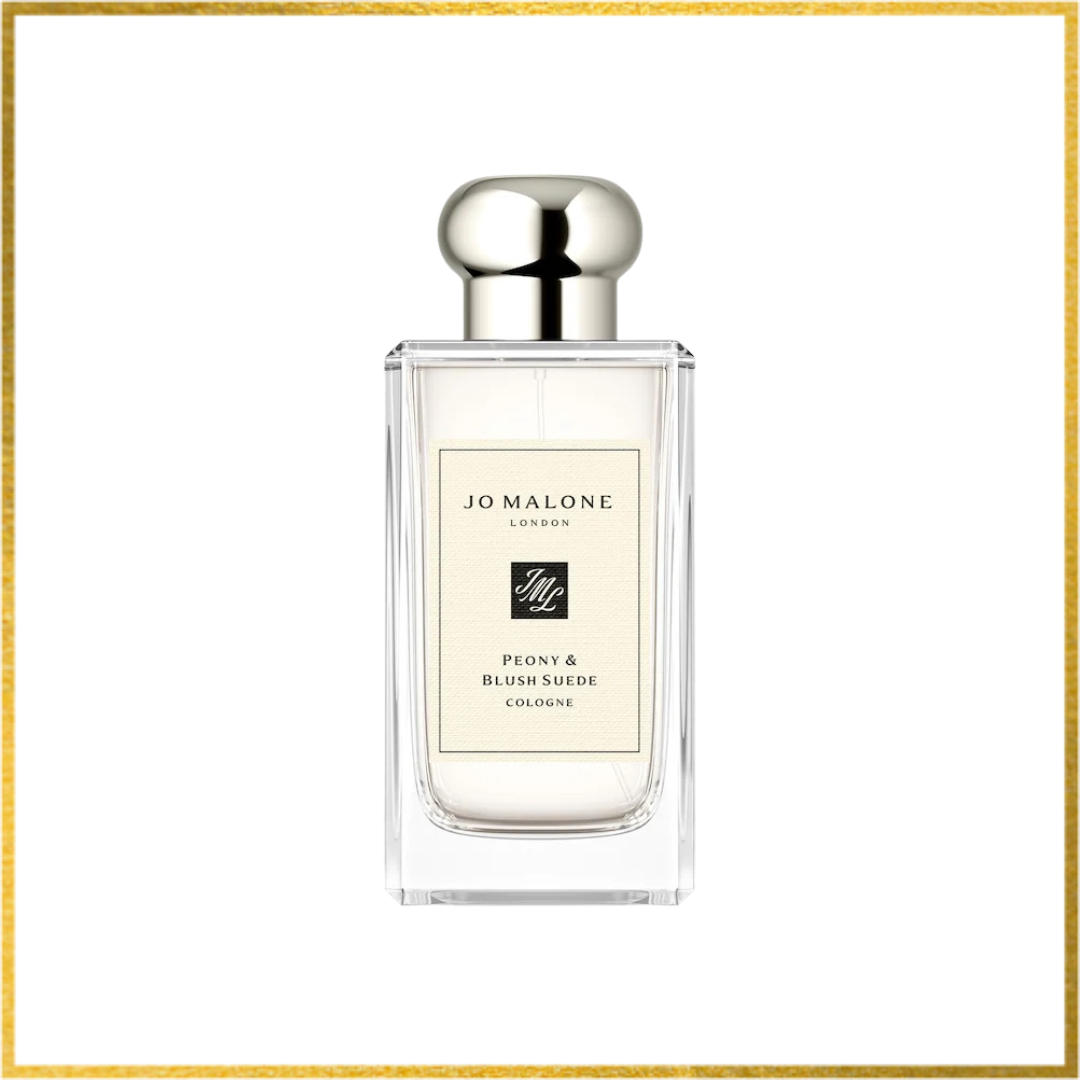 Jo Malone Peony & Blush Suede cologne bottle on a white background