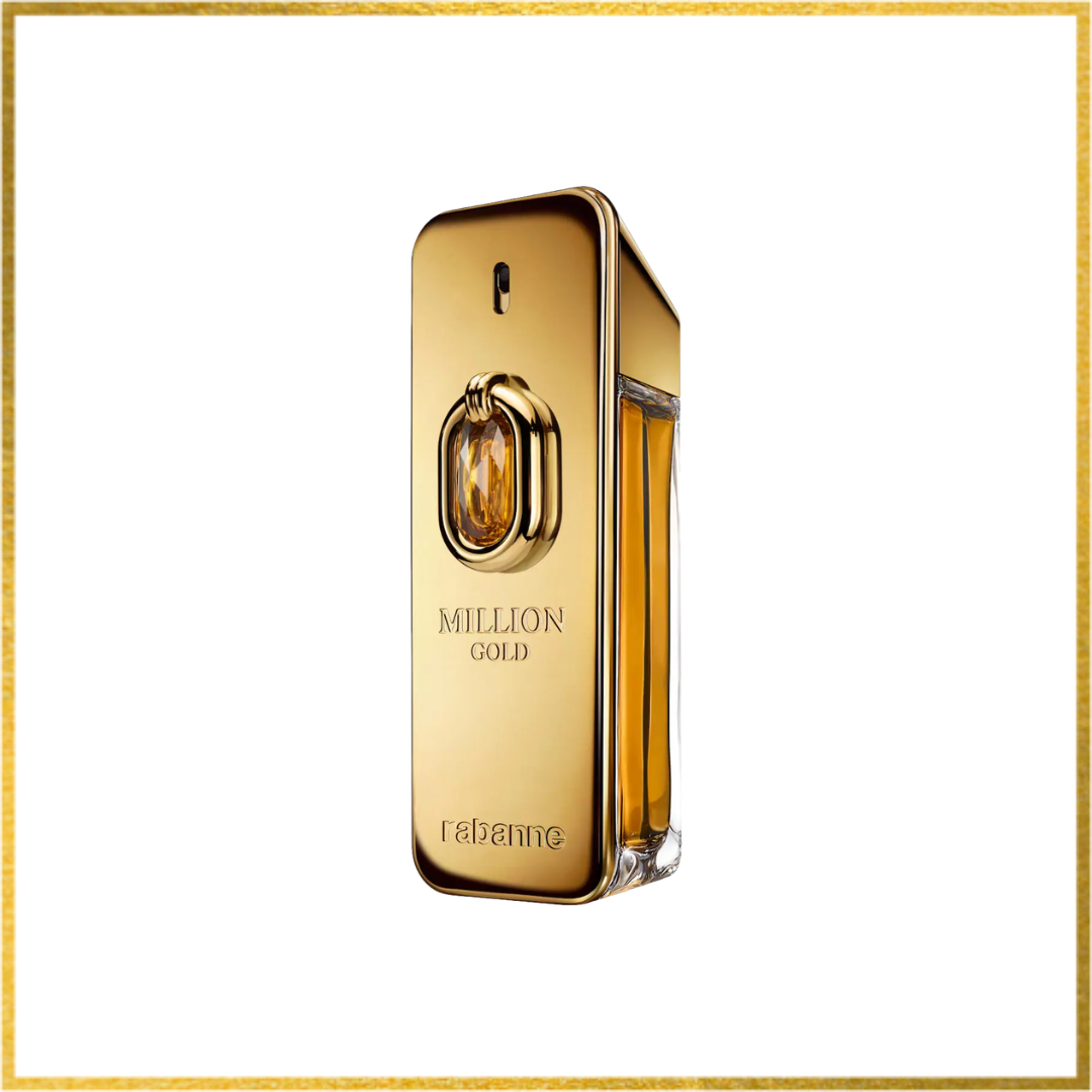 Gold perfume bottle with ' Rabanne MILLION GOLD' text on a white background