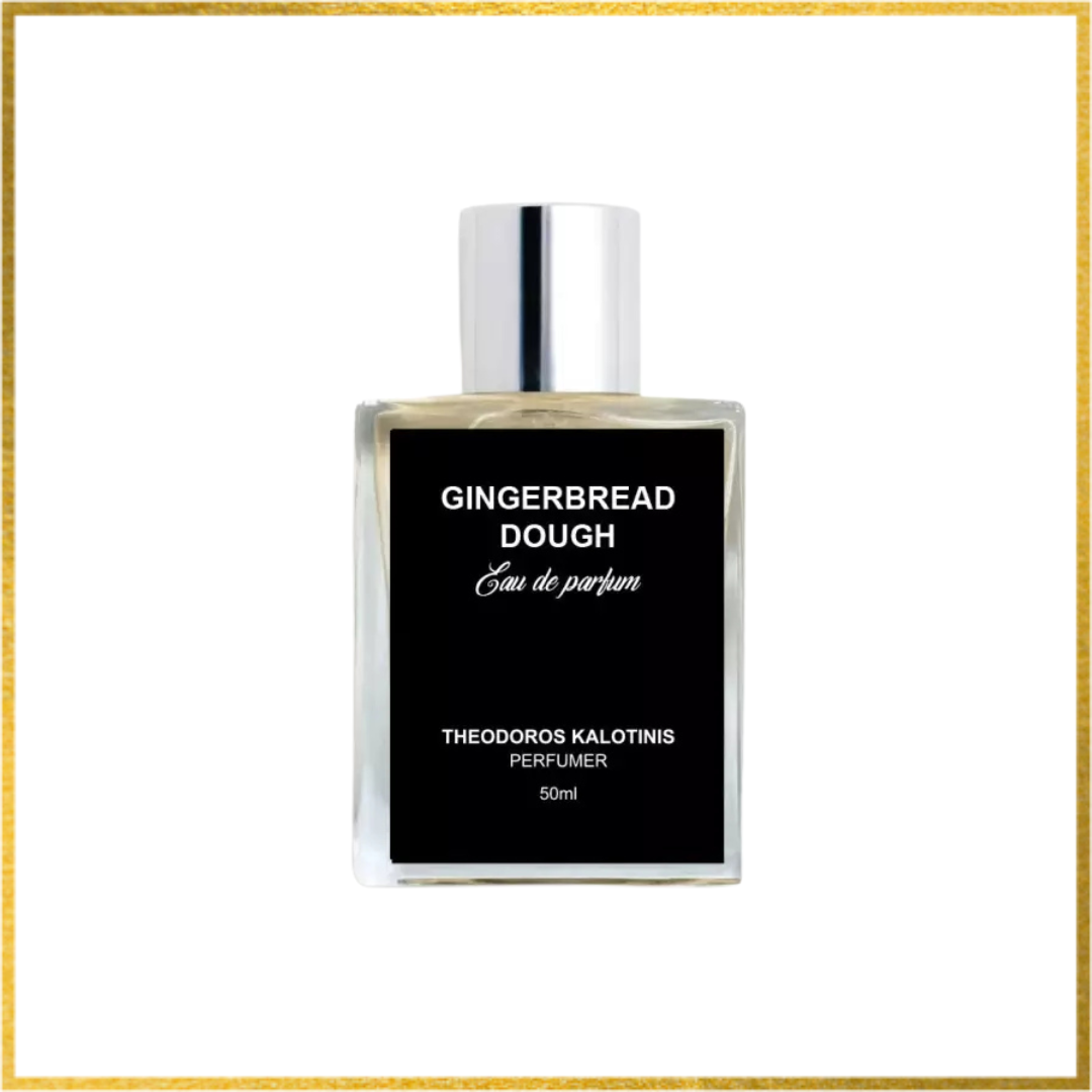 Perfume bottle labeled 'Gingerbread Dough' by Theodoros Kalotinis on a white background