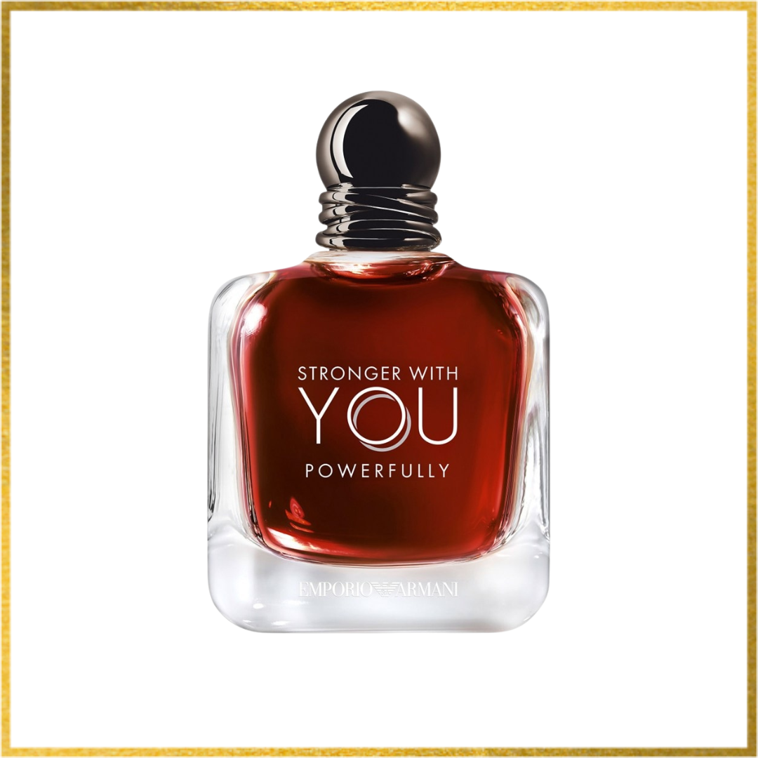 Perfume bottle with red liquid and silver cap on a white background. Stronger With You Powerfully