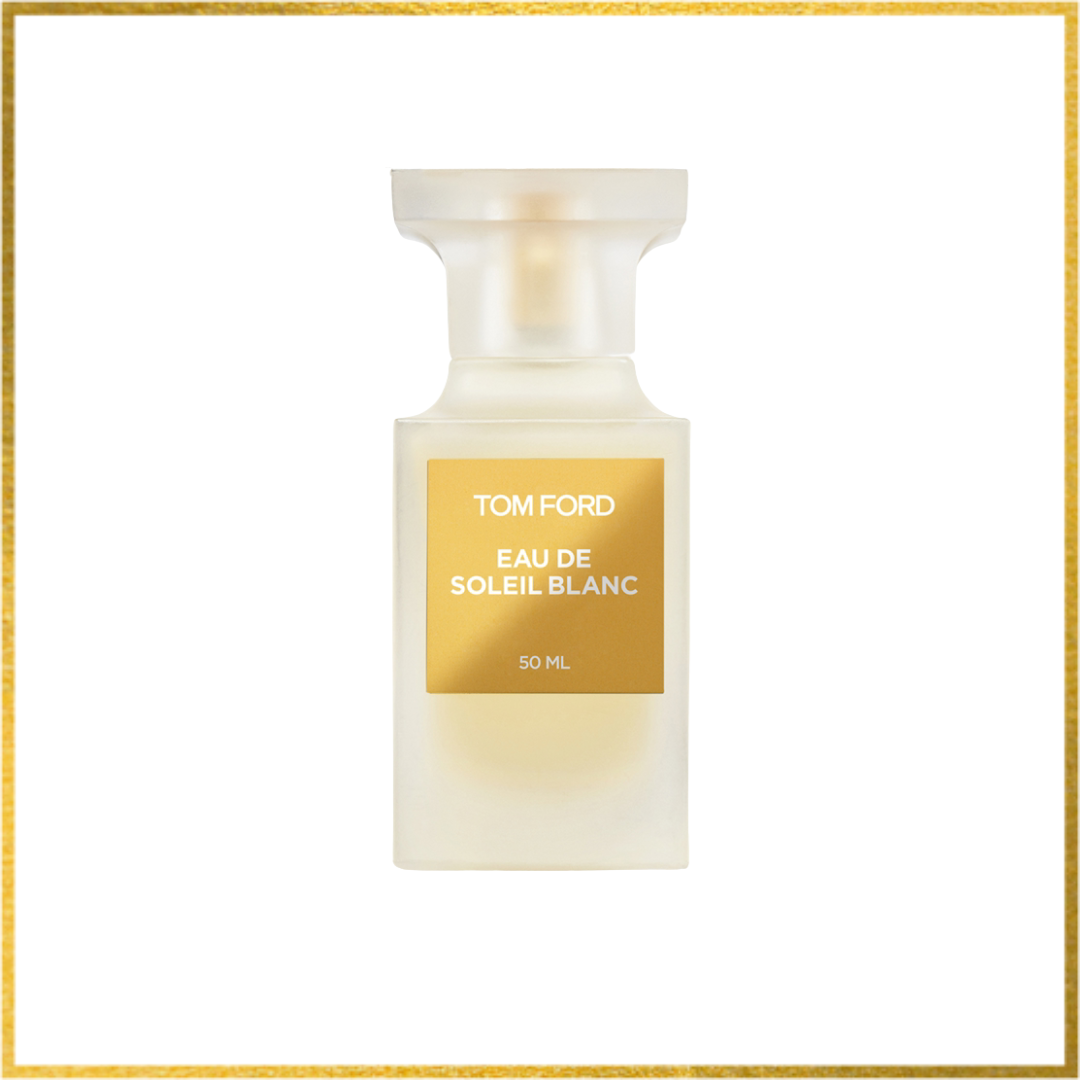 Tom Ford Eau de Soleil Blanc perfume bottle on a white background