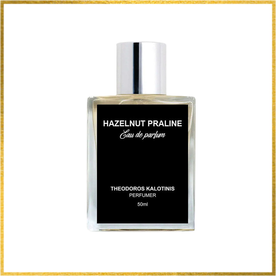 Perfume bottle labeled 'Hazelnut Praline' by Theodoros Kalotinis on a white background