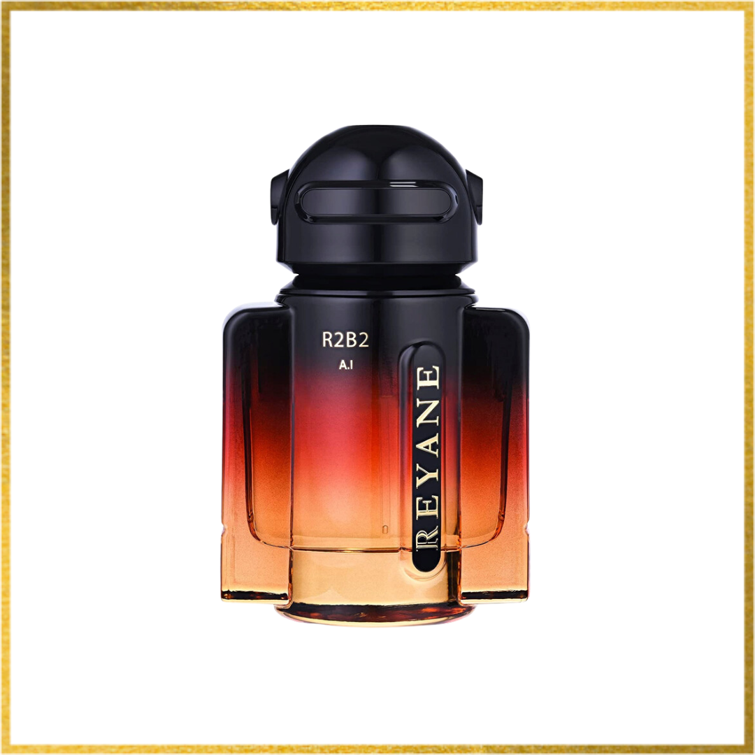 Perfume bottle with gradient design and 'REYANE' branding on a white background