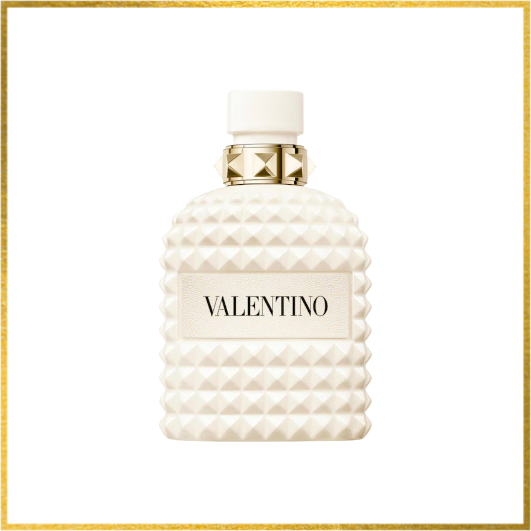 Valentino perfume bottle with textured design on a white background. Uomo Born in Roma Ivory