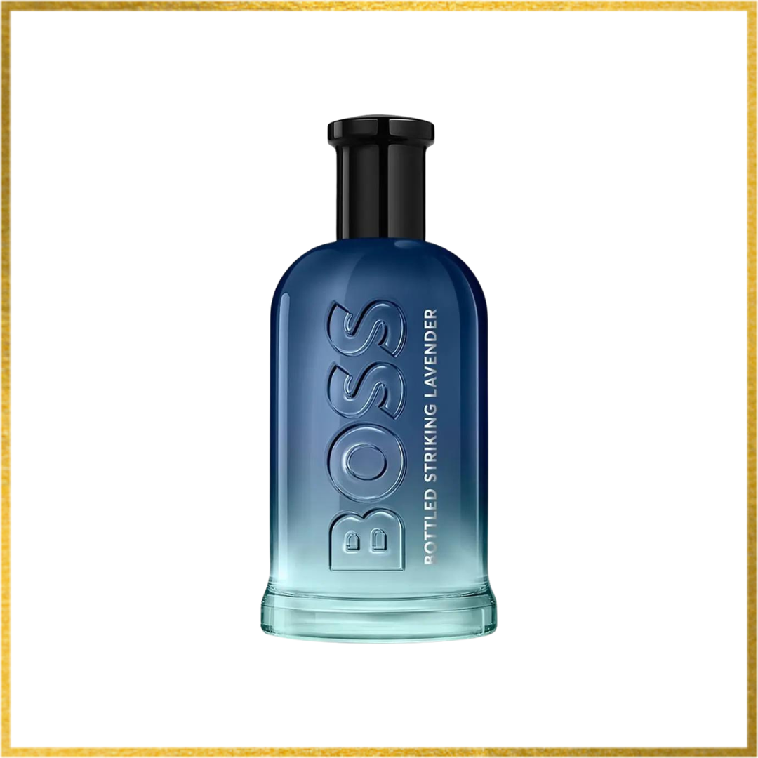 Blue perfume bottle with 'BOSS' branding on a white background