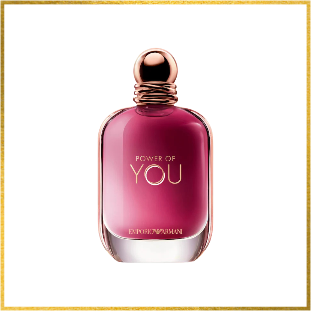 Pink perfume bottle labeled 'Power of You' by Emporio Armani on a white background.