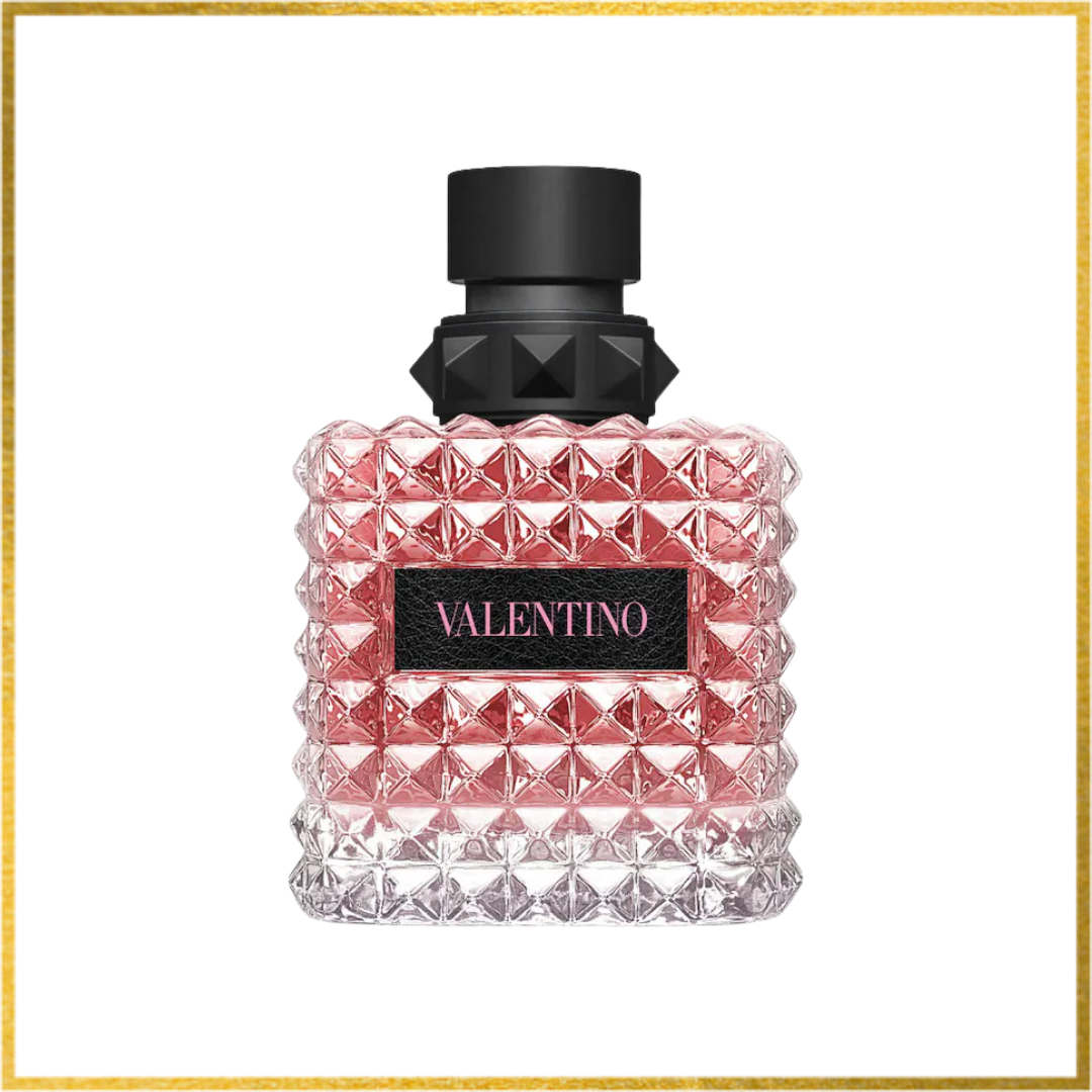 Valentino perfume bottle with geometric design on a white background