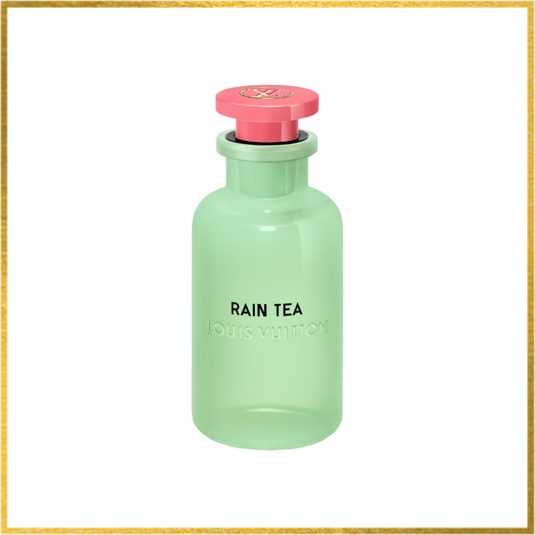 Green bottle with pink cap labeled 'Rain Tea' by Louis Vuitton on a white background