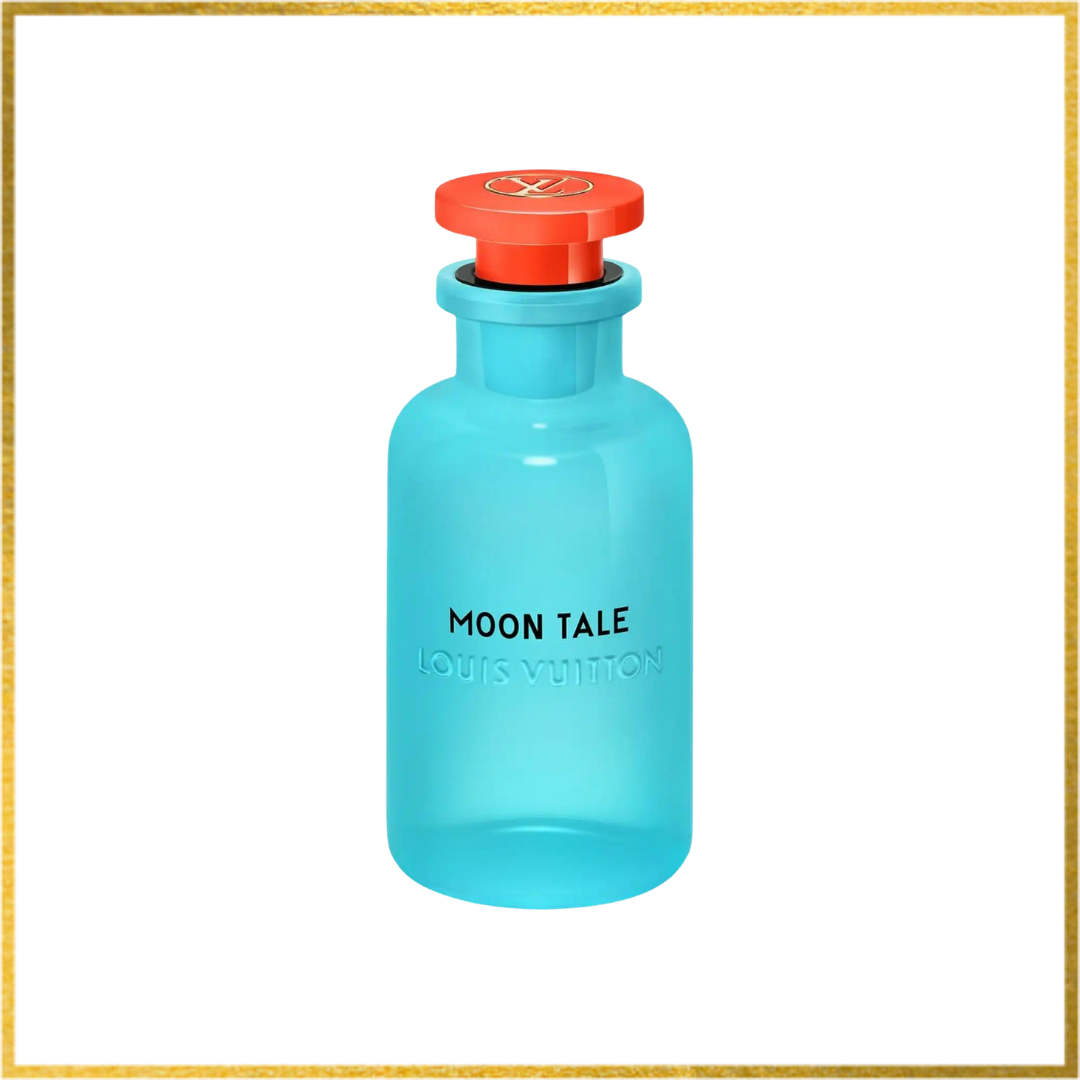 Blue bottle with red cap labeled 'MOON TALE' by Louis Vuitton on a white background