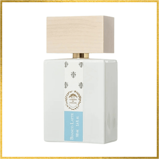 100mL Bianco Latte eau de parfum in a white square bottle with a natural wood cap